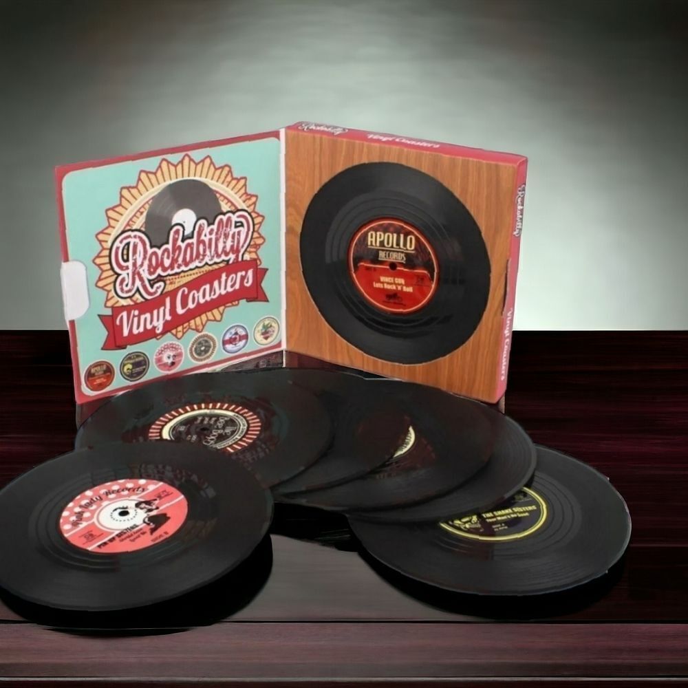 Retro Vinyl Record Drink Coasters Set 6 Rockabilly Mini Album 45 Music Gift New